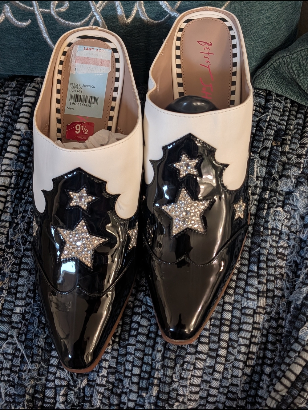 Betsey Johnson Black and White Patent Star Embellished Mules